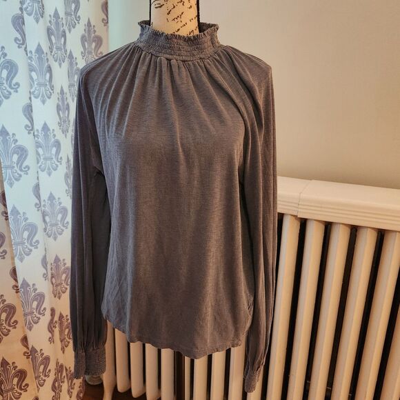 Sundry for Evereve Blue-Grey High Neck Puff Sleeve Raglan Smocked Knit Top Sz M - Picture 2 of 8
